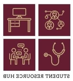 Student 资源 Hub four gold icons with maroon background - desk, 人们说, 听诊器, people connected 